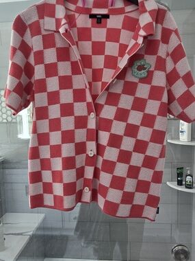 Vans Pink and White Checker Knit Button-Front Polo Shirt